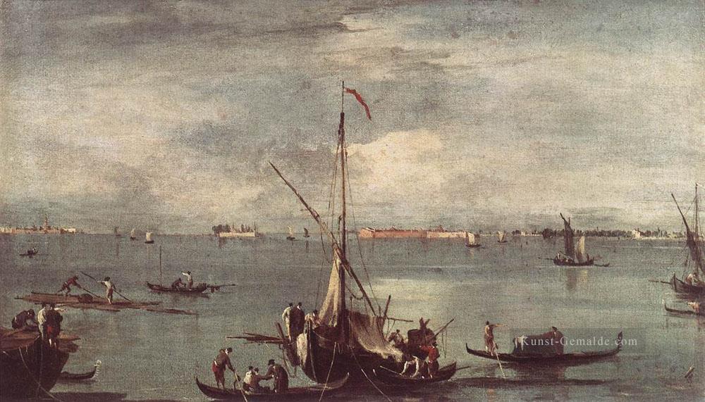 Die Lagune mit booten Gondeln und Flöße Francesco Guardi Venezia Ölgemälde